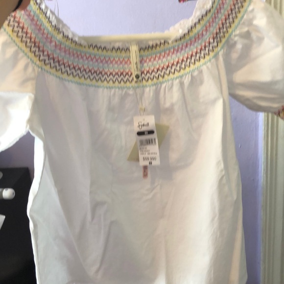 White Linen Blouse, colored embroidered band, and ruffled arm sleeves - Picture 5 of 5